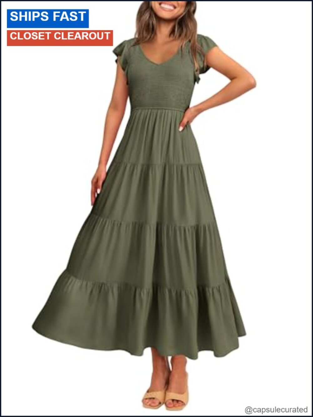 Women's Smocked Flowy Maxi Dress V-Neck Cap Sleeve A-Line Summer